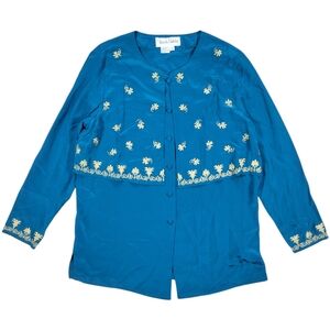 Vintage Diane Von Furstenberg Top Womens M Teal Silk Blouse Gold Embroidered 90s